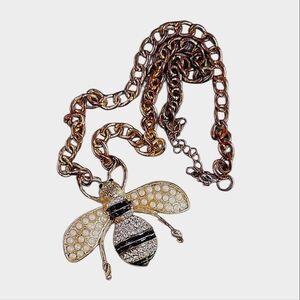 Vintage Rhinestone Honey Bee Bumblebee Pendant Necklace Mid Century Modern MCM